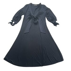 Akiko Black Midi Dress with Puff Sleeves and Front Tie Size Small